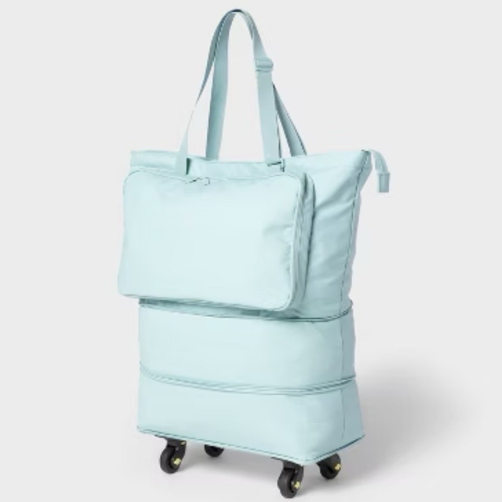 NEW Brightroom Rolling Tote Bag Wheels Aqua Collapsible Expandable Pockets